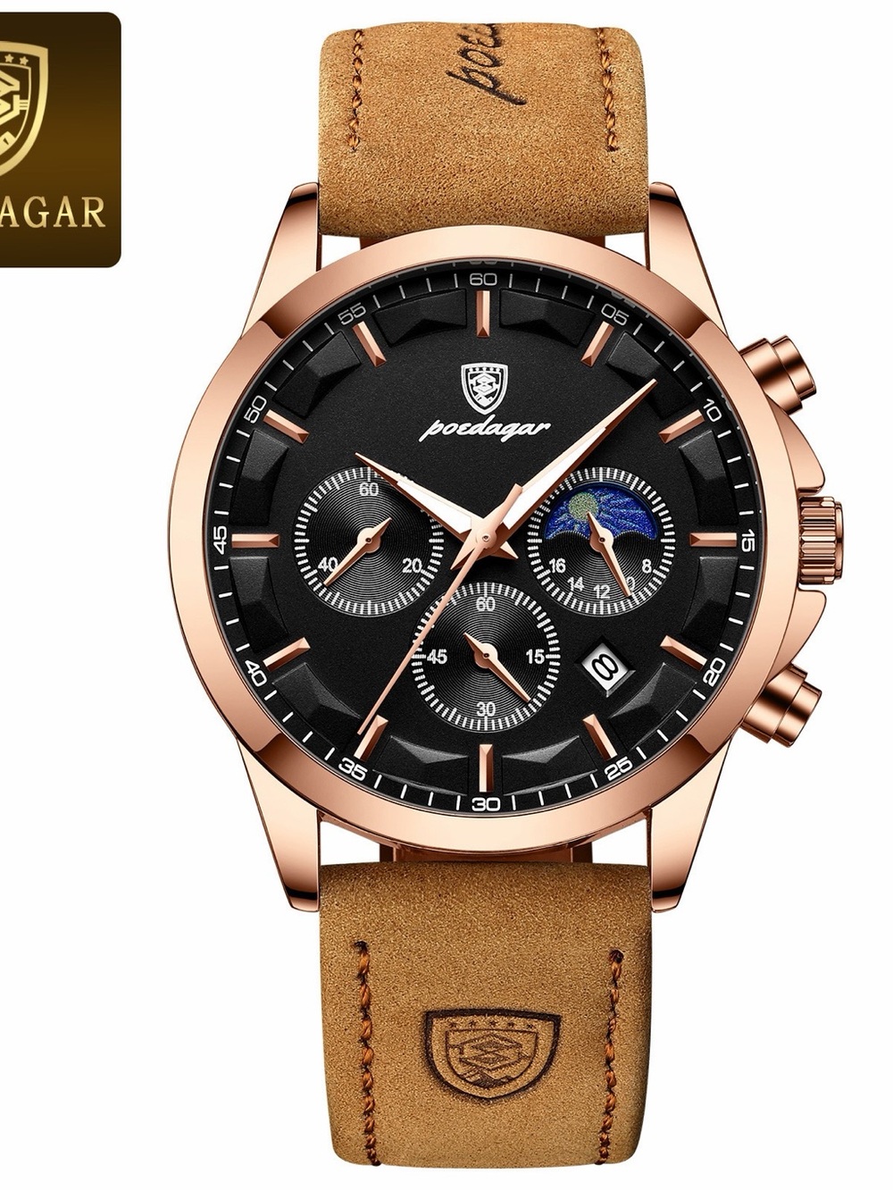 Men's Rose Gold Case Black Dial Brown Leather Strap Chronograph Watch